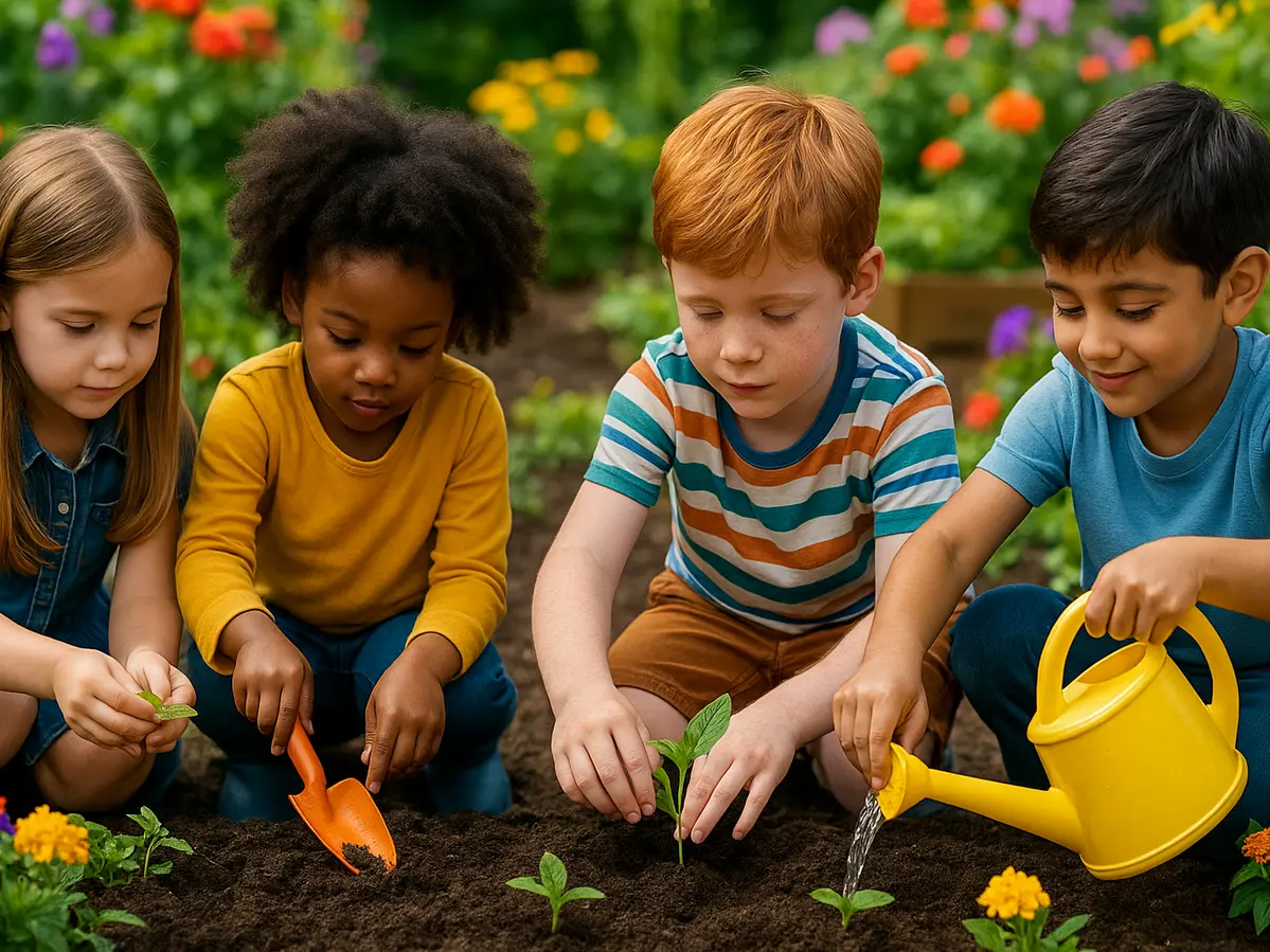Four children gardening together in a vibrant nursery garden, watering plants and planting seedlings as part of outdoor activities at Rowans Nursery in Sutton Coldfield.