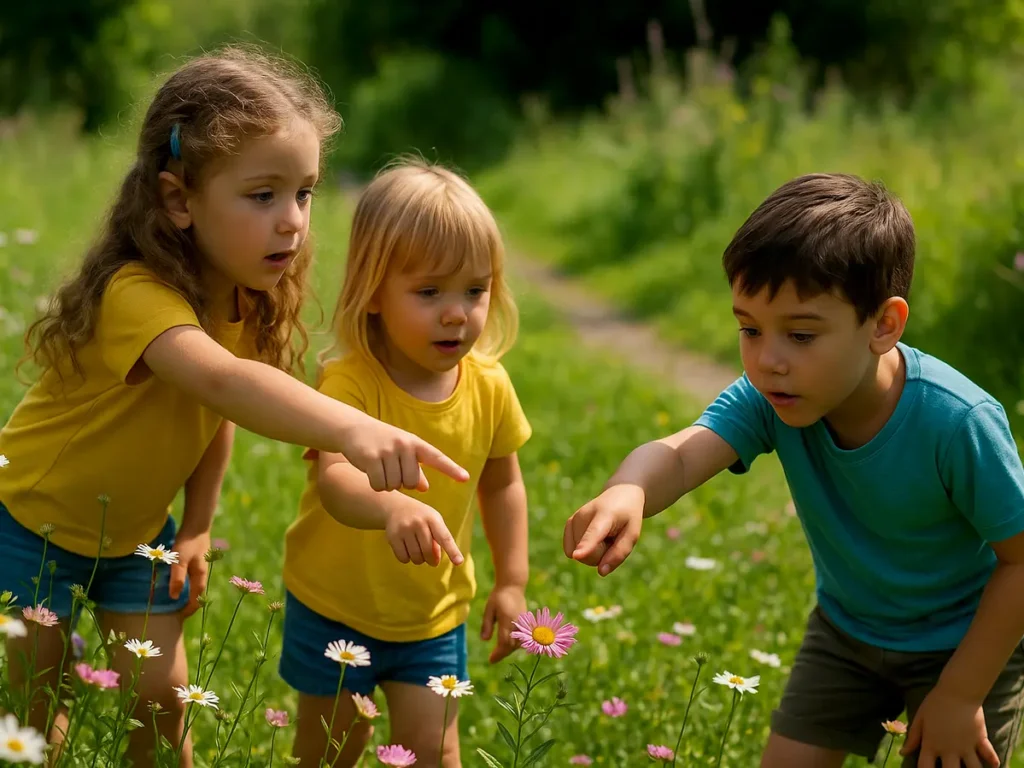 Three children exploring a wildflower meadow, pointing at colorful flowers during nursery outdoor activities in Sutton Coldfield, engaging in nature-based learning.