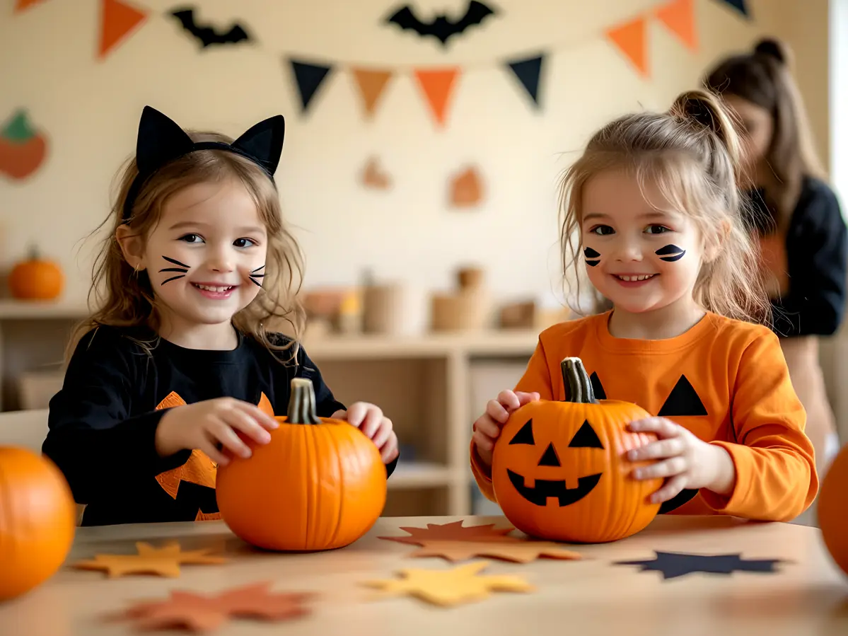 Children enjoying the Halloween Fancy Dress Party at Rowans Day Nursery with simple, comfy costumes and pumpkin crafts in Sutton Coldfield.
