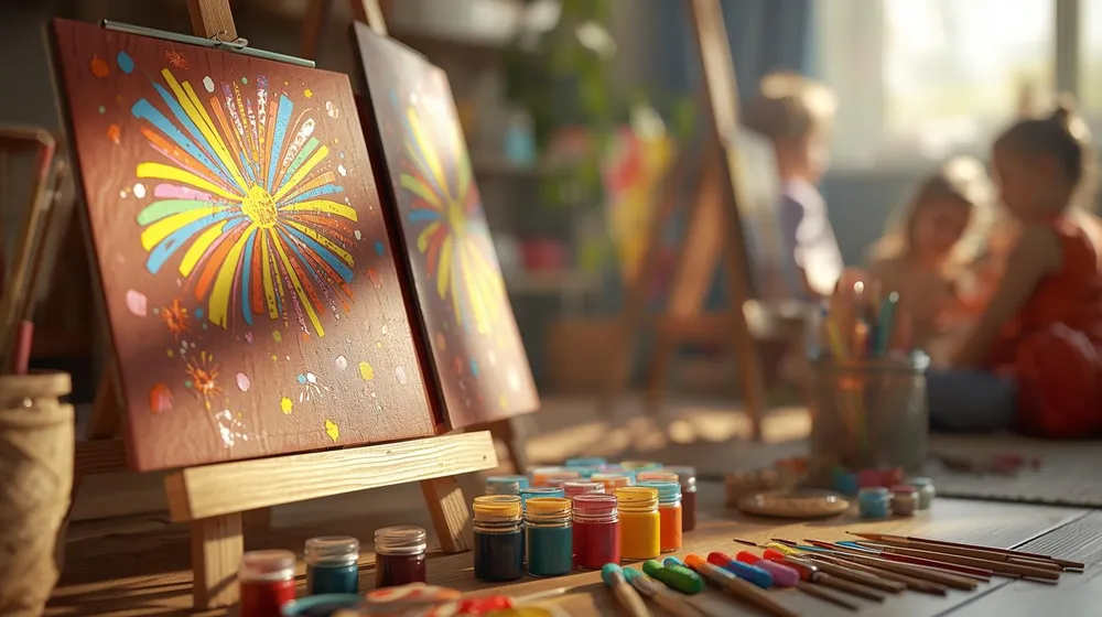 Bonfire-themed activities at Rowans Nursery, Sutton Coldfield — children’s colourful firework paintings on display.