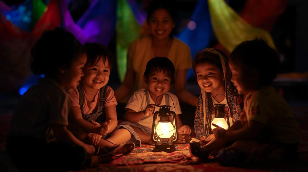 Bonfire-themed activities at Rowans Nursery, Sutton Coldfield 1 Toddlers exploring LED lantern light at Rowans Nursery during Bonfire Day activities
