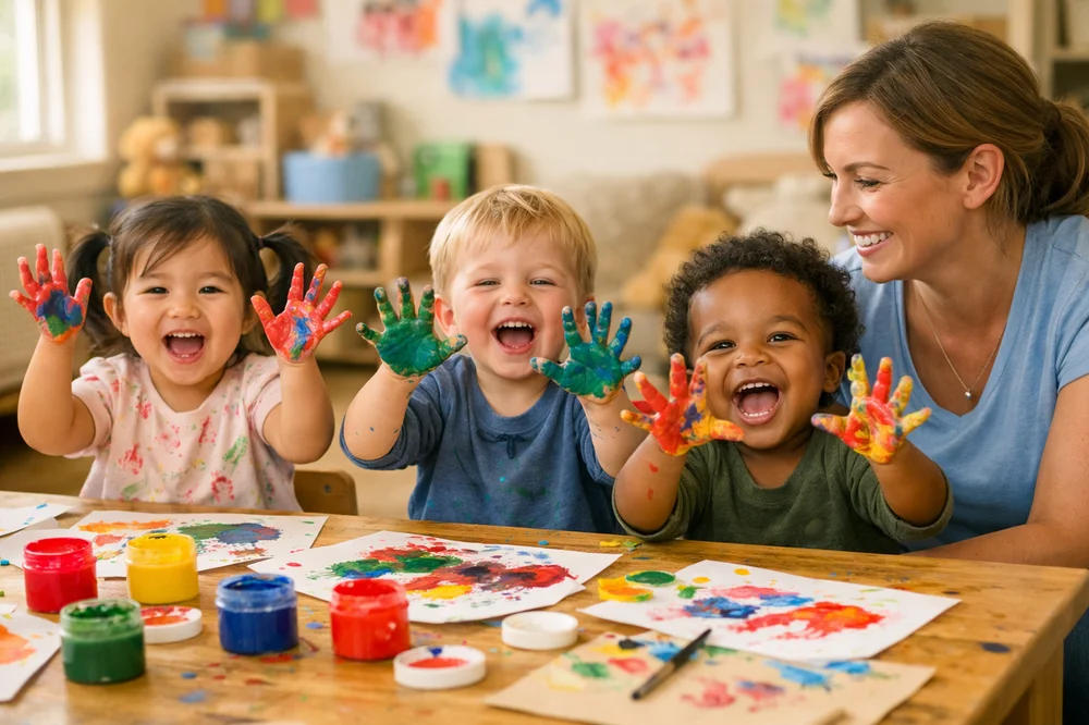 Holiday Club 2 A nursery practitioner smiling with young children doing messy play and painting at Rowans Day Nursery near Kingstanding.