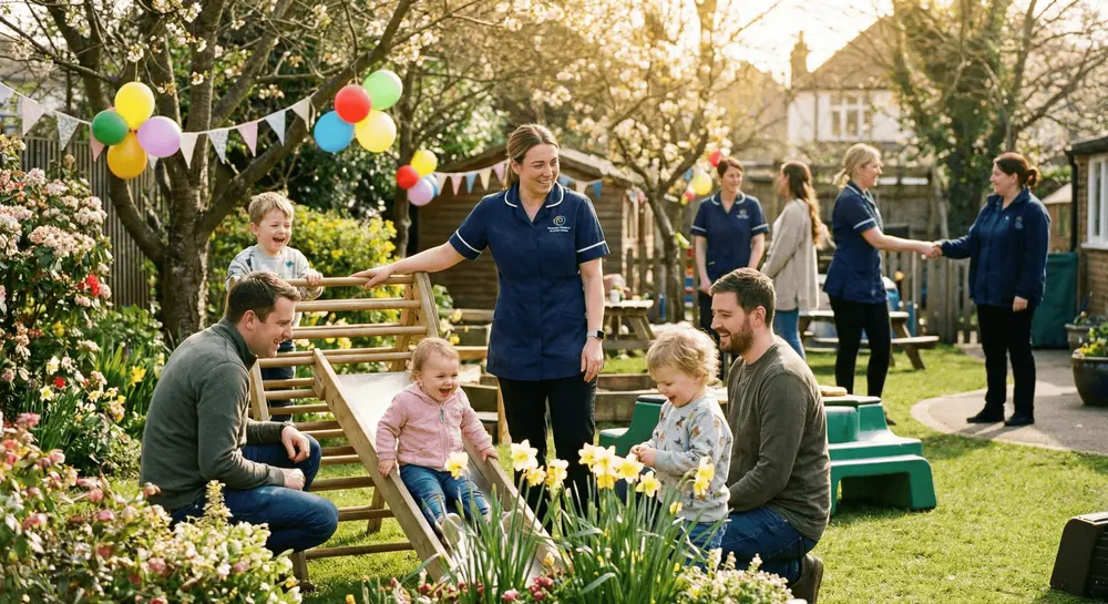 Families and children enjoying the outdoor garden spaces with staff at the Rowans Nursery open day in Sutton Coldfield.