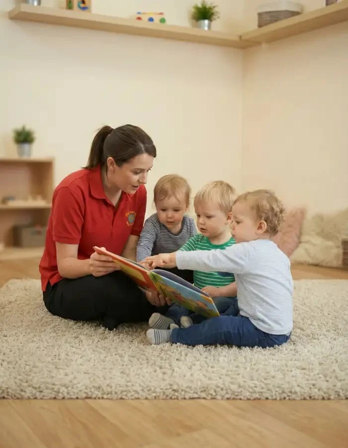 A Rowans Day Nursery practitioner in a red uniform reads a colourful picture book to three toddlers in a warm and welcoming nursery room in Sutton Coldfield