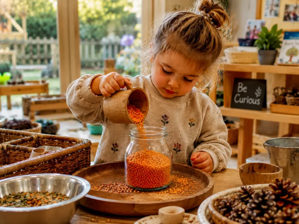 5 Fun Early Years Development Activities for Home 1 A young child engaged in Early Years Development Activities involving sensory play and pouring at Rowans Nursery.