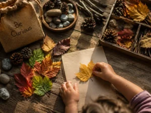 A child participating in Early Years Development Activities by creating nature art with leaves and stones at Rowans Nursery.