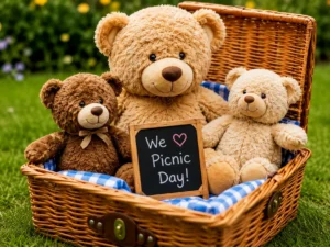 Children enjoying a Teddy Bears Picnic at Rowans Day Nursery, surrounded by soft toys and picnic blankets.
