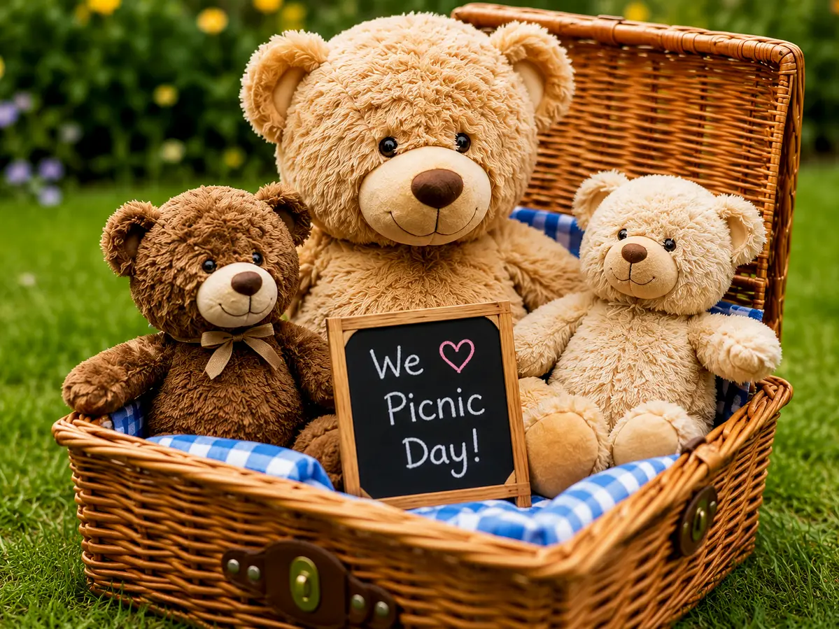 Children enjoying a Teddy Bears Picnic at Rowans Day Nursery, surrounded by soft toys and picnic blankets.