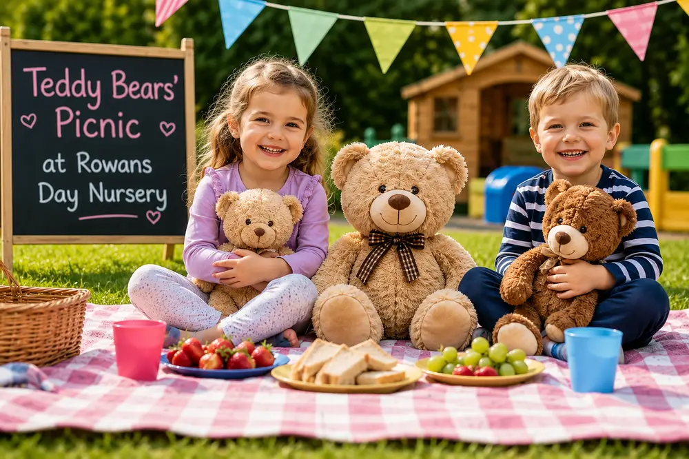 Teddy Bears Picnic at Rowans Day Nursery 1 Teddy Bears Picnic at Rowans Day Nursery with children and their favourite stuffed animals outdoors.