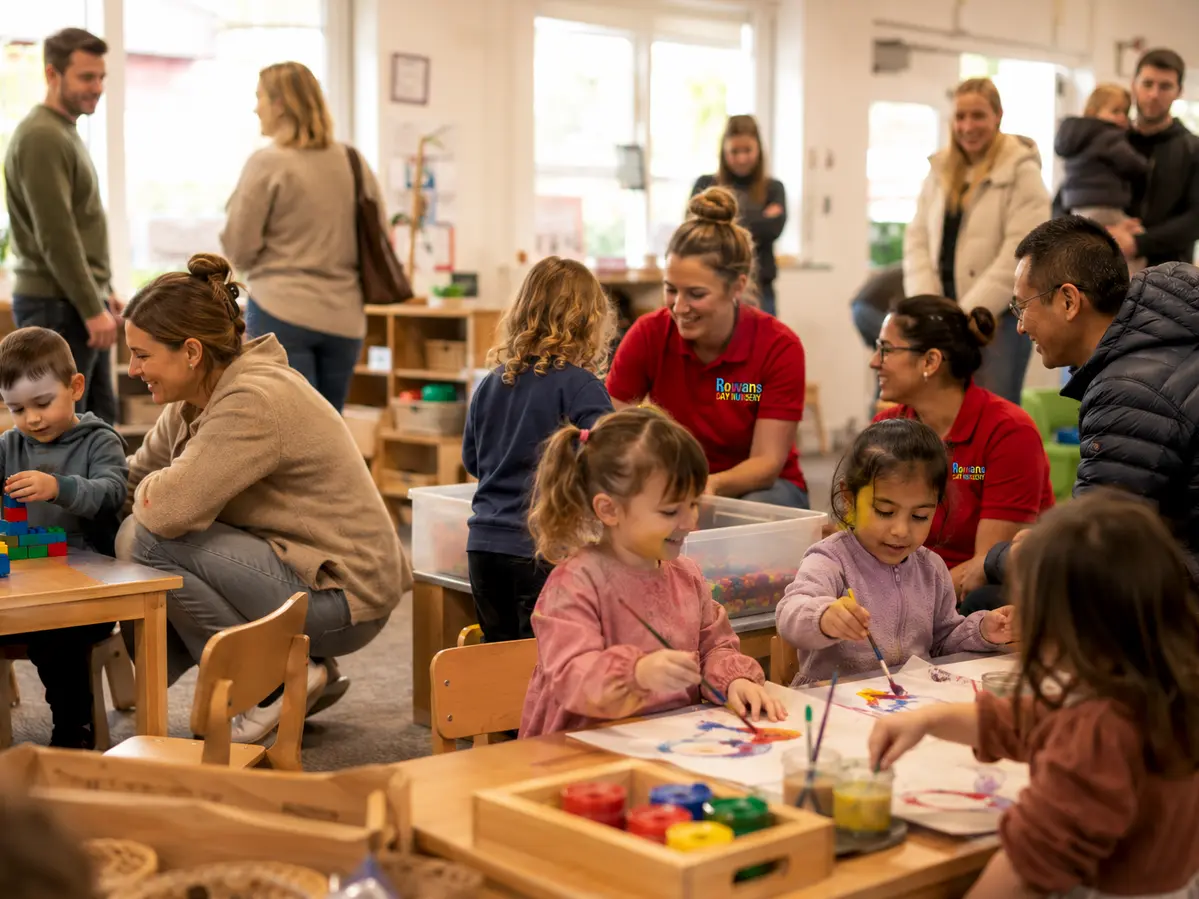 Families and children taking part in painting and play activities at Rowans Day Nursery Open Day, with staff in red tops welcoming parents - Kingstanding Nursery,