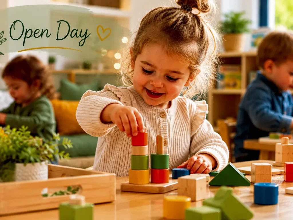 A young child playing with wooden stacking blocks at Rowans Day Nursery Open Day, Kingstanding Nursery and Sutton Coldfield childcare
