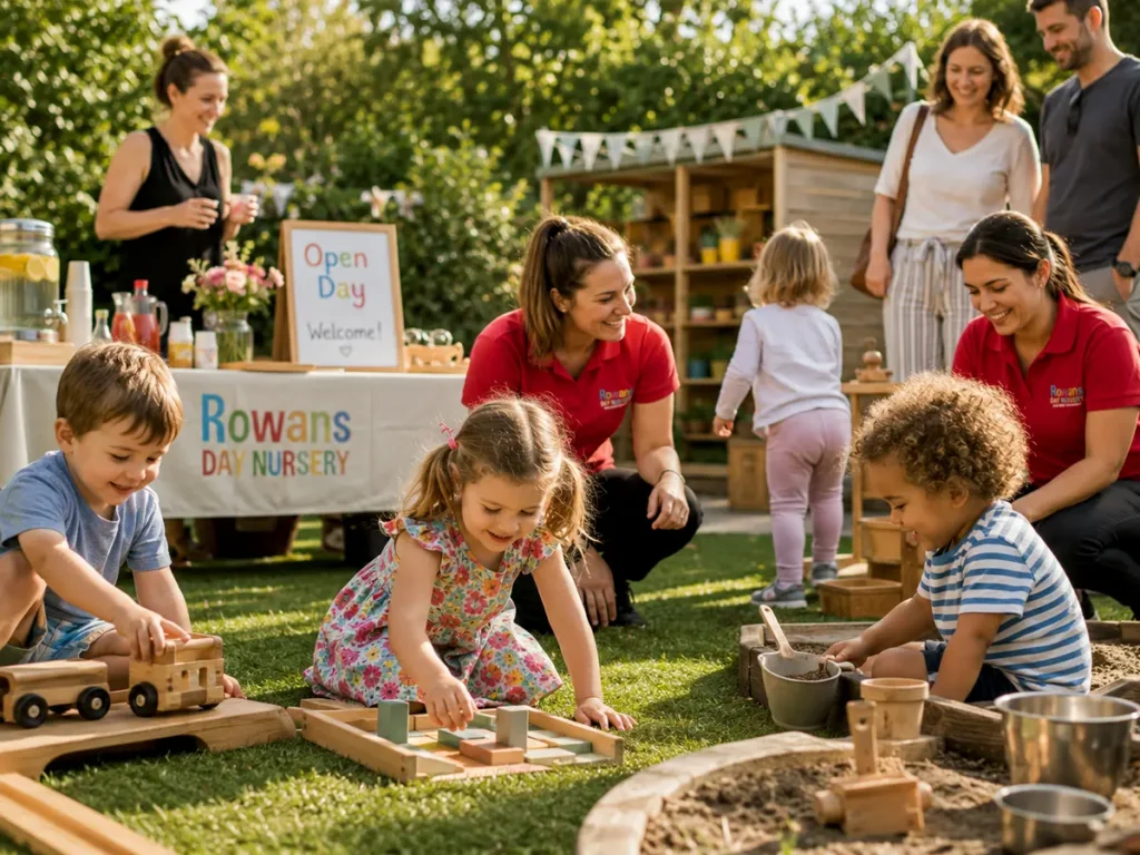 Children and parents enjoying outdoor play at Rowans Day Nursery Open Day, with staff - Kingstanding Nursery